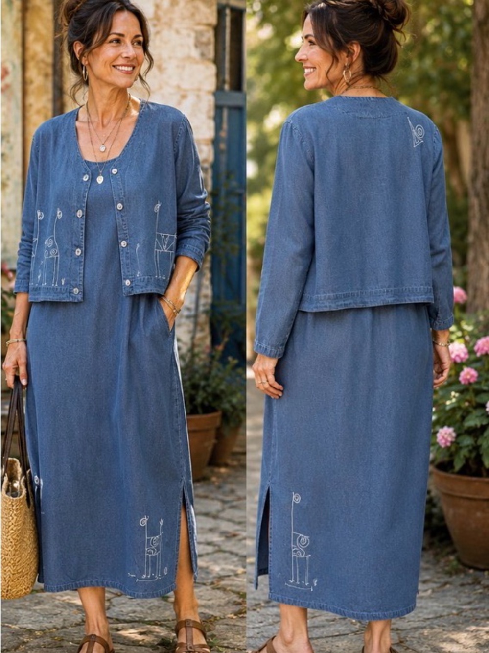 Donna Karan 2 peice Blue Denim Maxi sleeveless dress with Matching Jacket